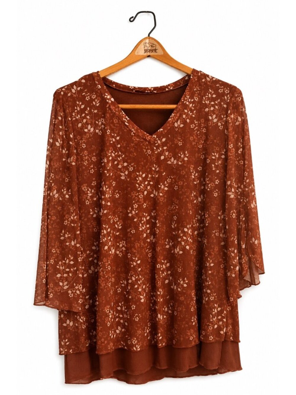 Floral Rust Brown V-Neck Layered Chiffon Blouse With 3/4 Sleeves – Womens L